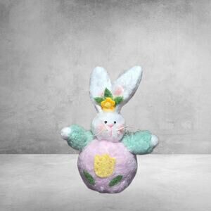 Vintage 90s Pink Easter Bunny Plush Blue Eyes Floral Accent Estate Sale Find